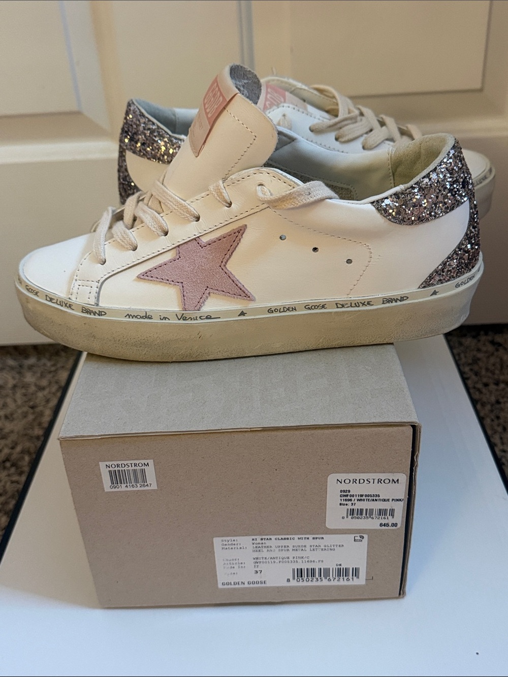 Golden Goose White Antique Pink Leather Sneakers with Pink Star & Silver Glitter